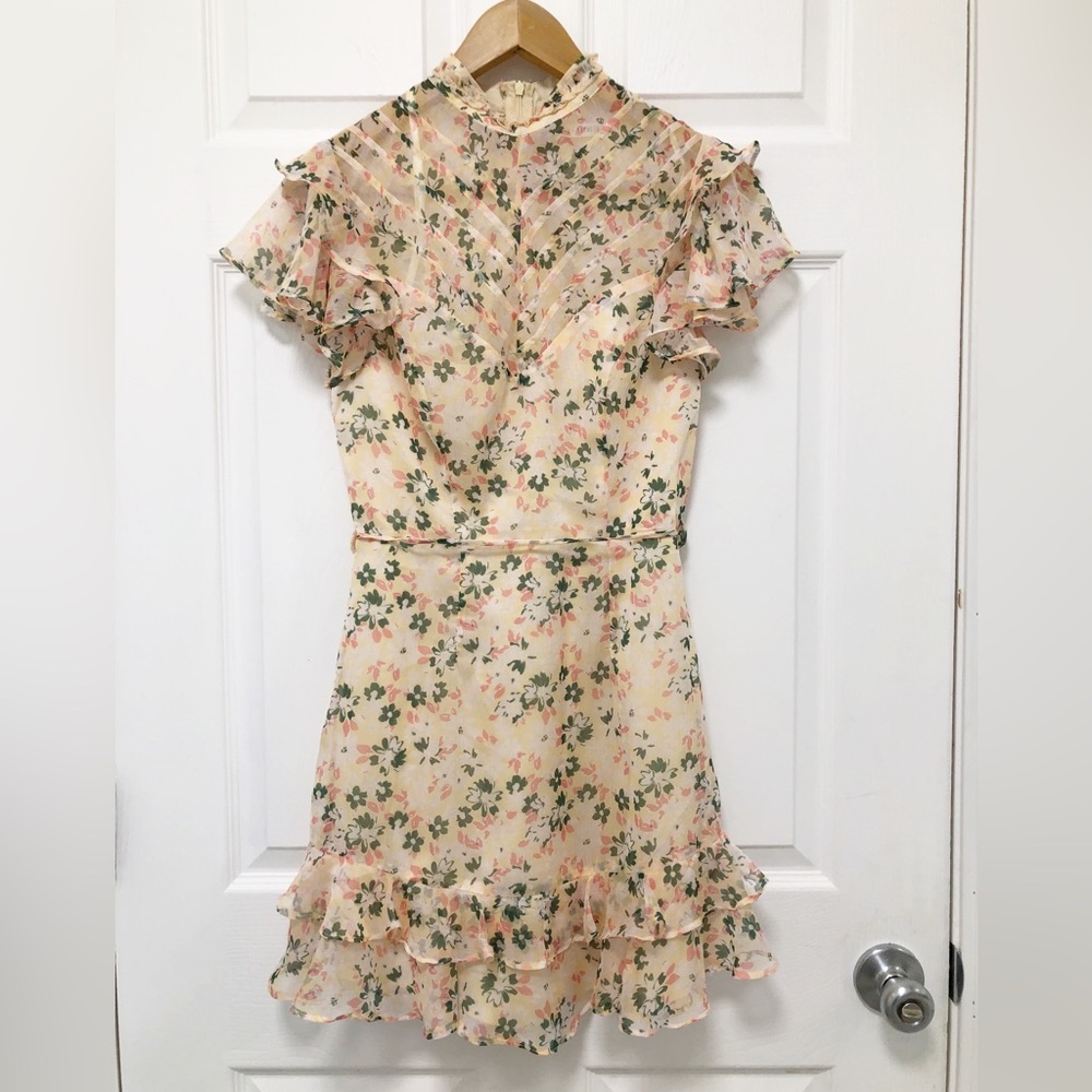 Dainty cottage core Floral Ruffle Dress - Cream and Green Size Small